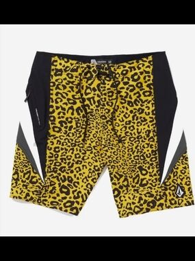 Volcom Men’s Yellow Leopard Print Boardshorts with Black Panels